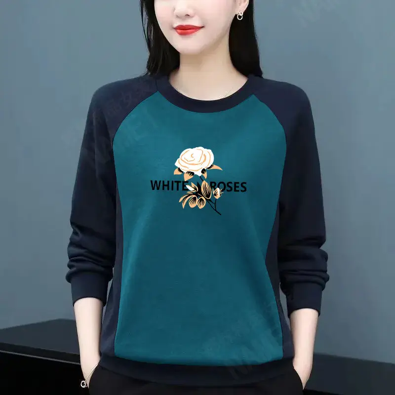 Women's Autumn Casual Simplicity Printing Patchwork O-neck Long Sleeve Sweatshirts Women Clothes Fashion All-match Loose Tops