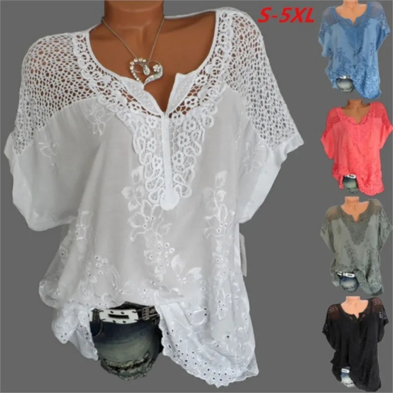 Fashion Lace White Women\'s Shirt Sexy V-neck Short Sleeve Loose Blouses And Tops Summer Casual Comfortable Cotton Shirts Female