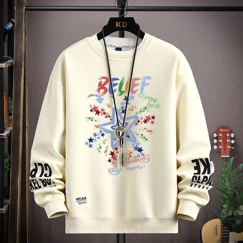 

Autumn Men's Sweatshirt Trendy Printed Long Sleeve T-shirt Fashion Men's Clothes Khaki O Neck Harajuku Exclusive Design Top 2023