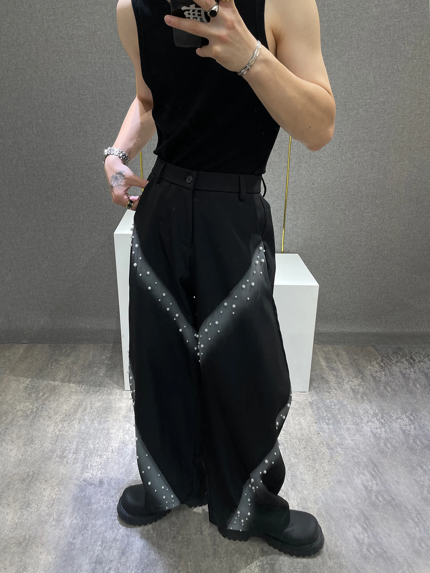 

Design Sensation Spray Painted Pearl Men's Wide Leg Casual Trousers Spring Summer New Loose Fit Long Pants Trendy Youth Sle