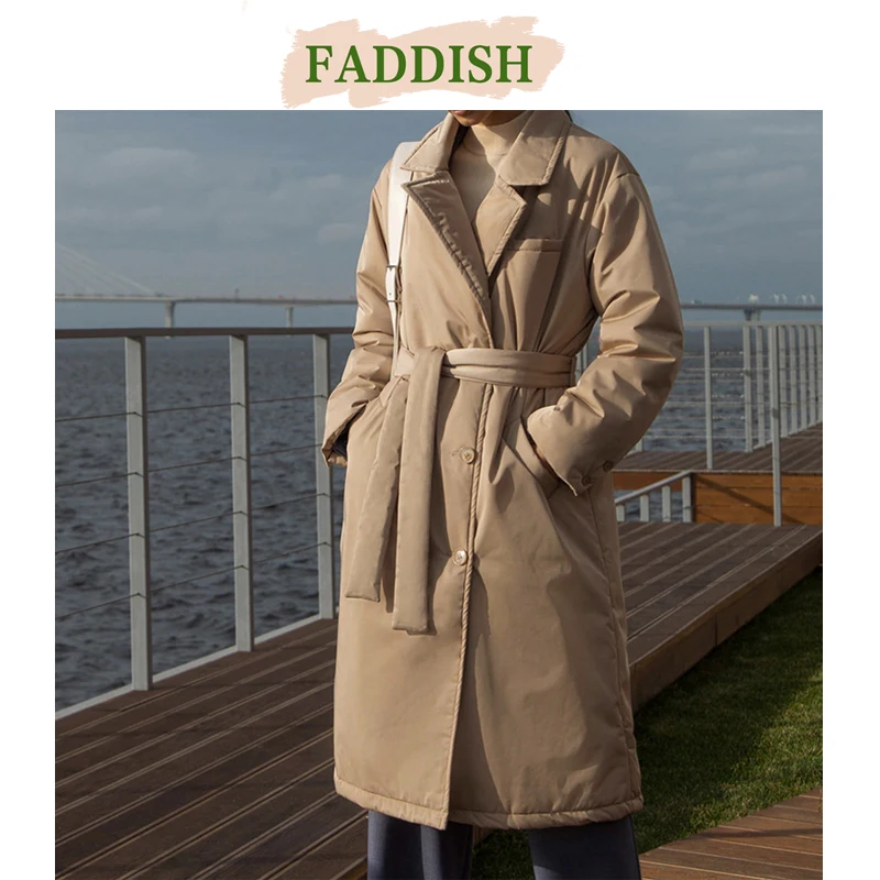 FADDISH-Women\'s Warm Parkas with Pockets and Belt, Long Sleeve Coat, Monochromatic, Button Outerwear, Female Fashion Winter 2024