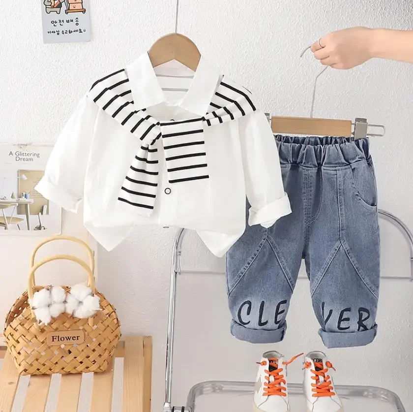 

2025 Baby Kids Clothes Sets Spring Autumn Boys Girls Solid Colour Shawl Long Sleeve Shirts And Jeans Toddler Boutique Outfits