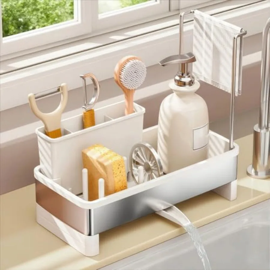 

Sink Caddy, Stainless Steel Sink Caddy with Brush Holder, Kitchen Sink Caddy Dishcloth Rack and Holds Soap Dispenser, Sink Orga