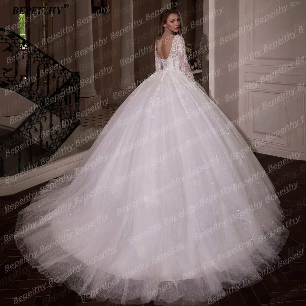 BEPEITHY Customized Princess Glitter Ivory Wedding Dresses Women Full Sleeves Lace Ball Bridal Gown Court Train 2025 Sweetheart