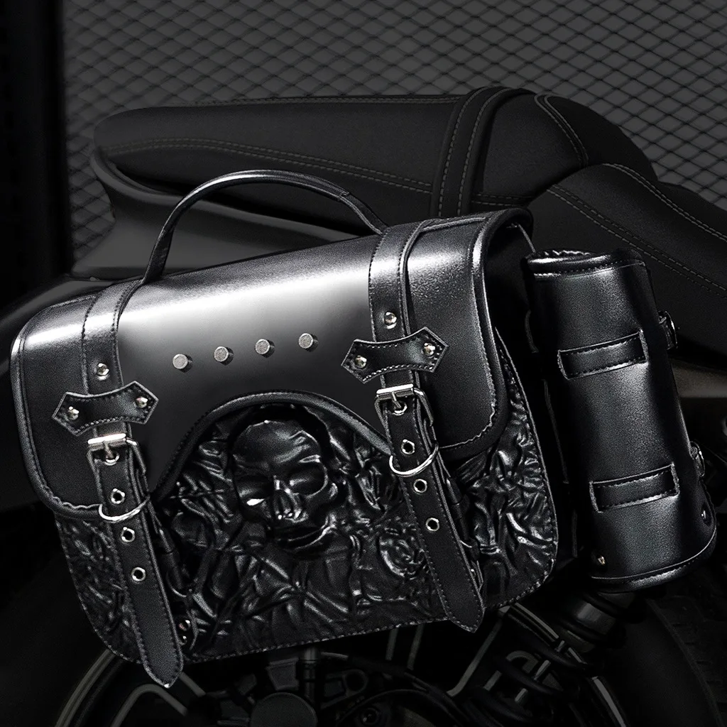 Retro embossed handlebar motorcycle side bag with cup holder, saddlebag for cruiser, waterproof storage tool kit