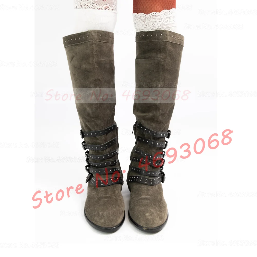 Grey Suede Block Low Heel Knee High Boots Women Eyelet Rivet Belt Buckle Patched Boots Female Multi Straps Side Zipper Shoes