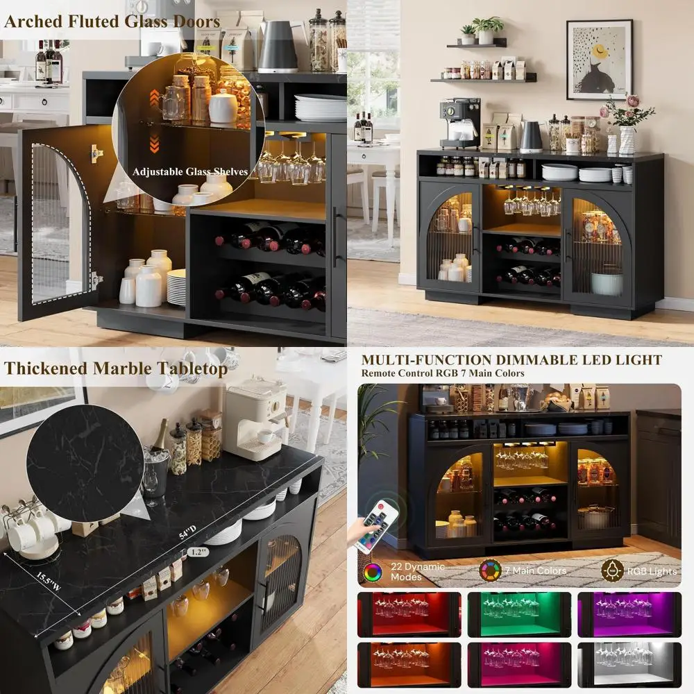 

54 LED-lit Kitchen Sideboard with Arched Glass Doors, Tall Bar Cabinet, Wine Rack, and Storage for Dining