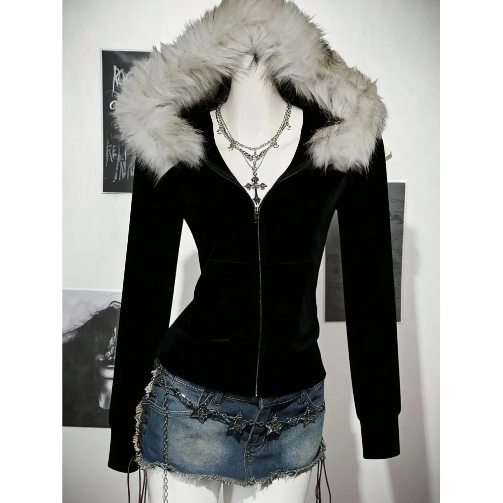 Black Velvet Zip Up Hooded Jacket Large Faux Fur Trim Hood Slim Fit Y2K Goth Alt Grunge Streetwear Long Sleeve Outerwear