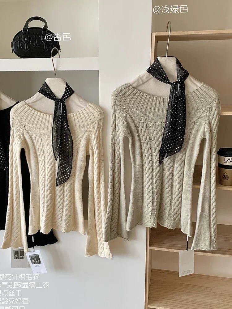 

Fall Winter Women Vintage Shoujo Slash Neck Pullovers Crop Sweater Long Sleeve Solid Color Knitwears 2000s Aesthetic Jumper New