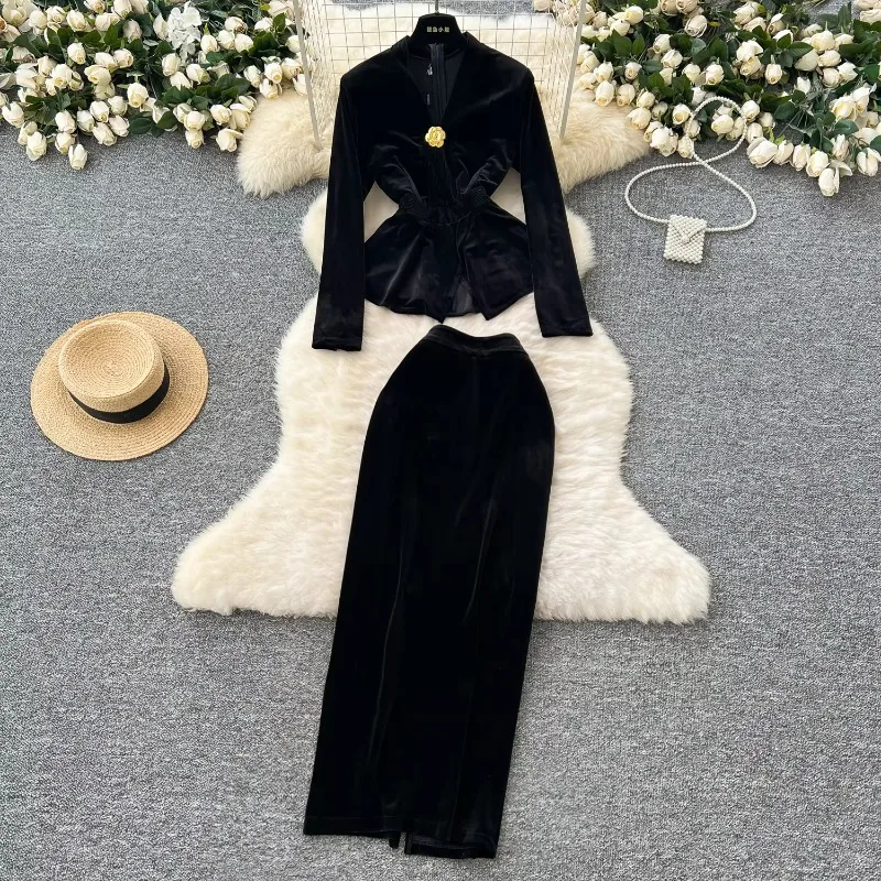 Women V-neck Vintage Long Sleeve Metal Buckle Slim Top High Waist Split Velvet Skirt French Evening High Street Winter Clothing