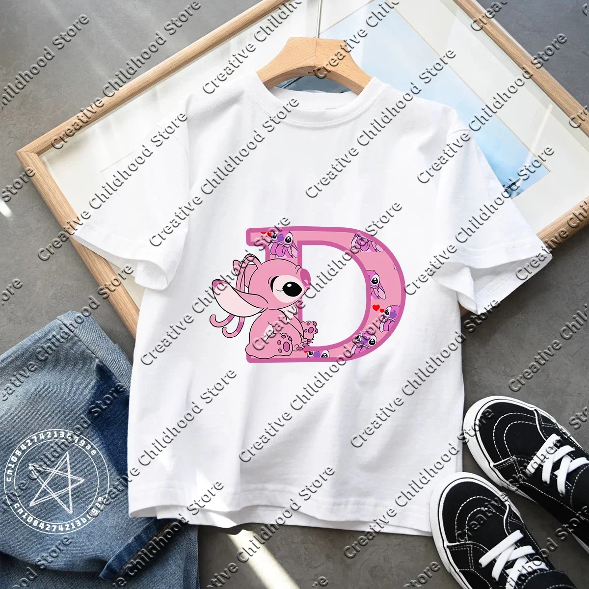 Stitch Angel Letter A B C Children T-Shirt Combination Tee Shirts Cartoons Kawaii Kid Casual Clothes Girl Boys Harajuku Top Gift