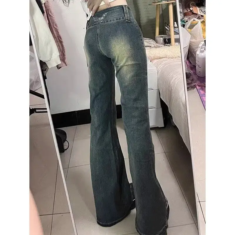 

American Retro High Street Gradient Fashion Splicing Micro Flared Denim Pants Women Design Sense Double Buckle Versatile Slim...