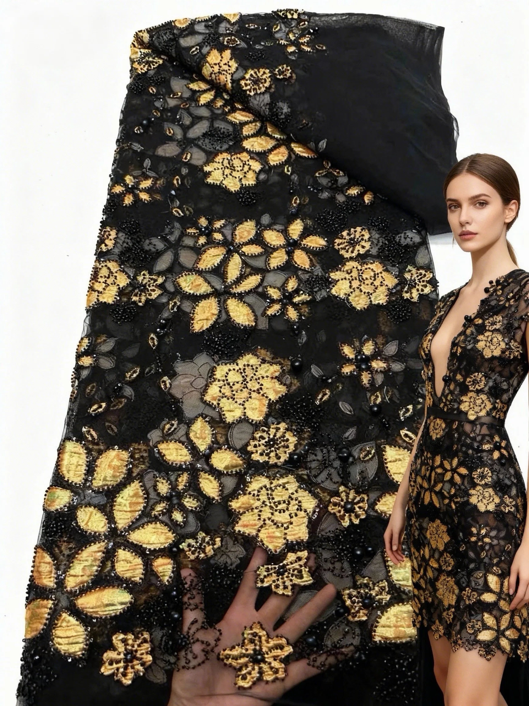 

Luxury Hand Beaded Lace Fabric Bridal Fabric High-end Wedding Fabrics French Nigerian Sequins Beads Embroidered on Tulle 5 Yards