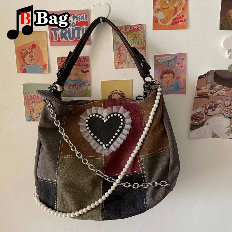 Y2K Women Girls Vintage Canvas Single Shoulder Underarm Bags Tote Lady Fashion trend pearl chain messenger bag handbags