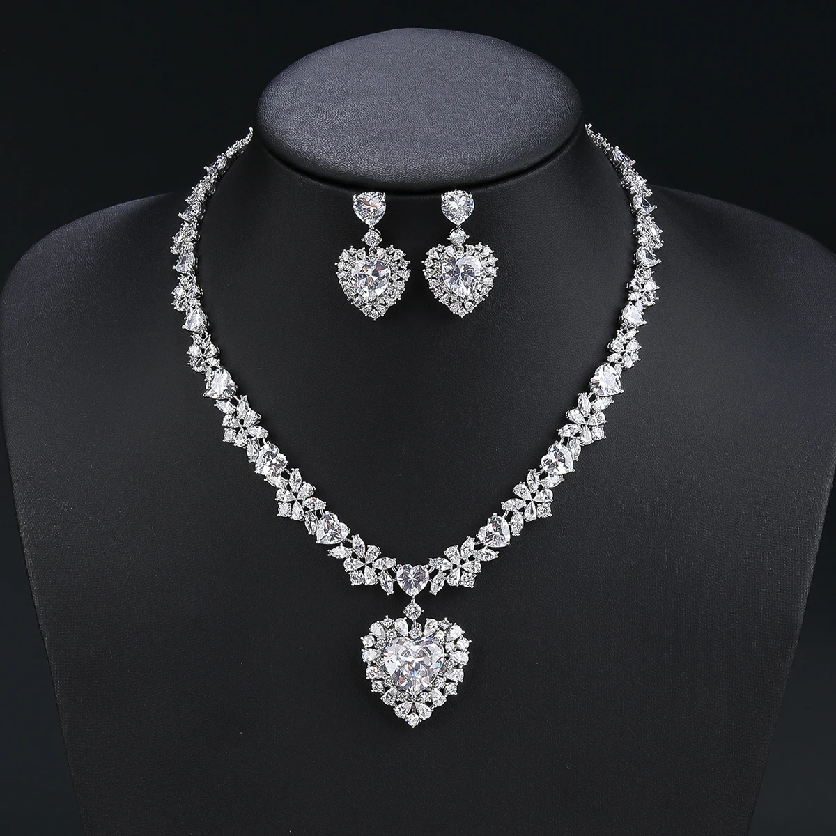 Fashion Elegant Droplet Cubic Zirconia Love Heart Necklace Earring  Women Wedding Luxury Dubai Bridal Jewelry Set CN11264