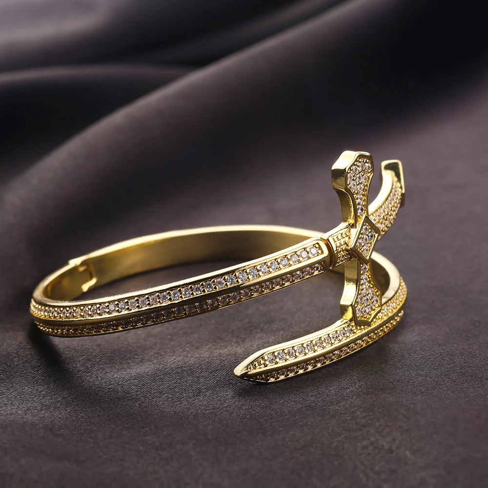 مثلج خارج بلينغ زركون تشيكوسلوفاكيا الصليب السيف سوار للرجال الصبي المفتوحة حجم الذهب اللون سيف العدالة الإسورة الهيب هوب مجوهرات الولايات المتحدة #2