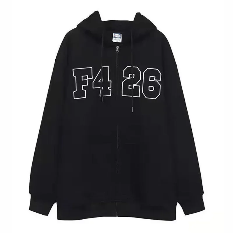 Korean Fashion Vintage Zip Up Hoodies Women Harajuku Oversized Sweatshirts Grunge Casual Long Sleeve Tops Jackets Y2K Aesthetic