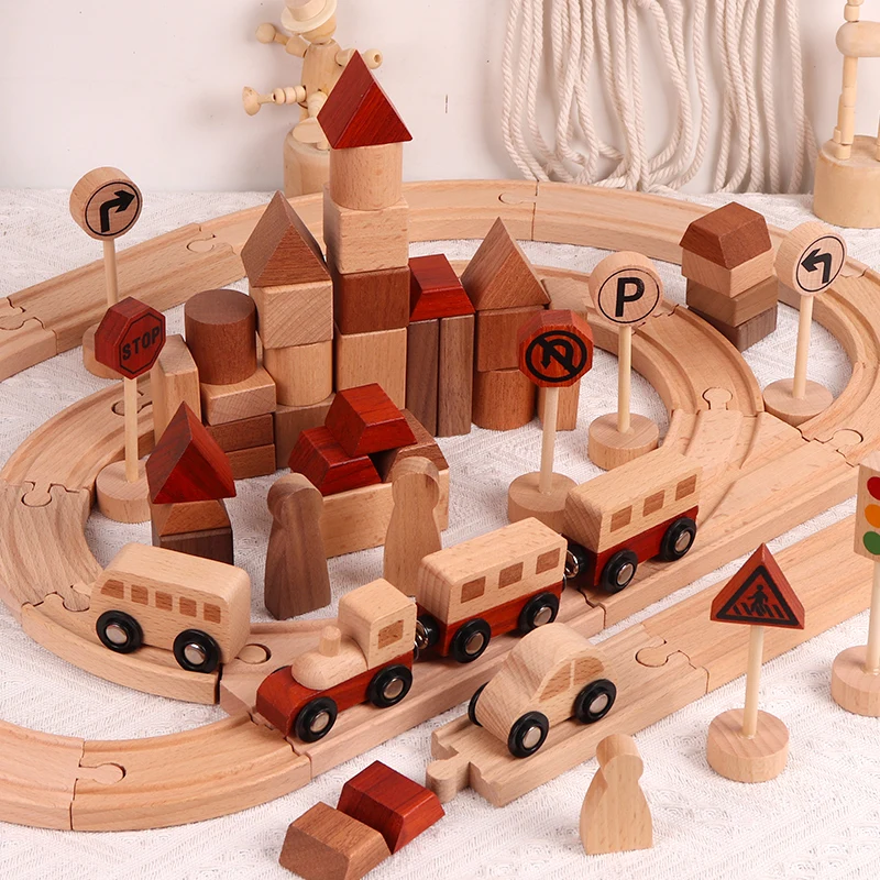 Building Block Wooden Toy Forest Interesting Track Small Train Car Assembly Traffic Signs Initiate Kids Toys Puzzle Set Decorati