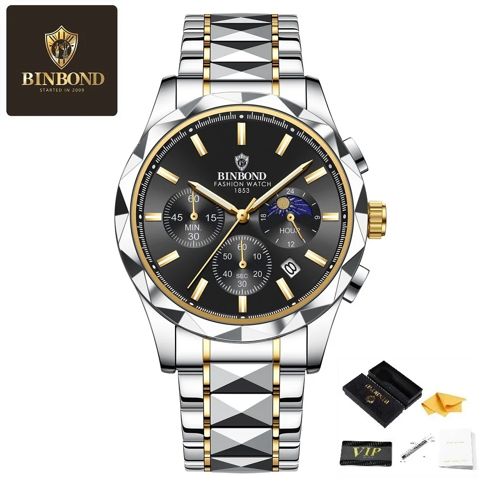 BINBOND Orologio da uomo multifunzionale con fibbia a farfalla a sei aghi Orologio al quarzo impermeabile con doppio calendario alla moda in acciaio al tungsteno