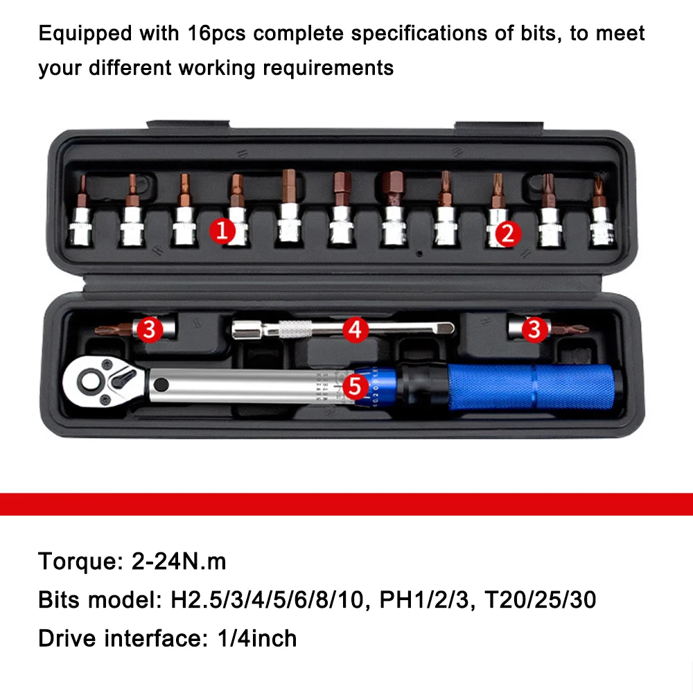 16pcs Torque Wrench High Precise Torque Preset Wrenches 2-24N.m Torque Adjustable 1/4inch Ratchet Wrench Car Repairing Tool