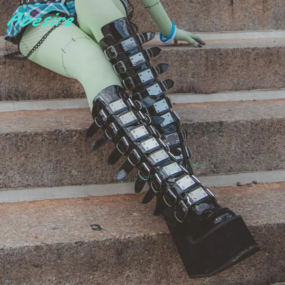 Punk Multi Metal-Buckles Platform Knee High Boots Round Toe Wedges Back Zipper Shoes for Women Rock Lolita Gothic Cool Shoes New view 6