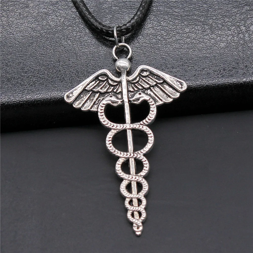 Vintage Trendy Jewelry Cane Medical Symbol Unisex Pendant Necklace Black Leather Rope Necklace