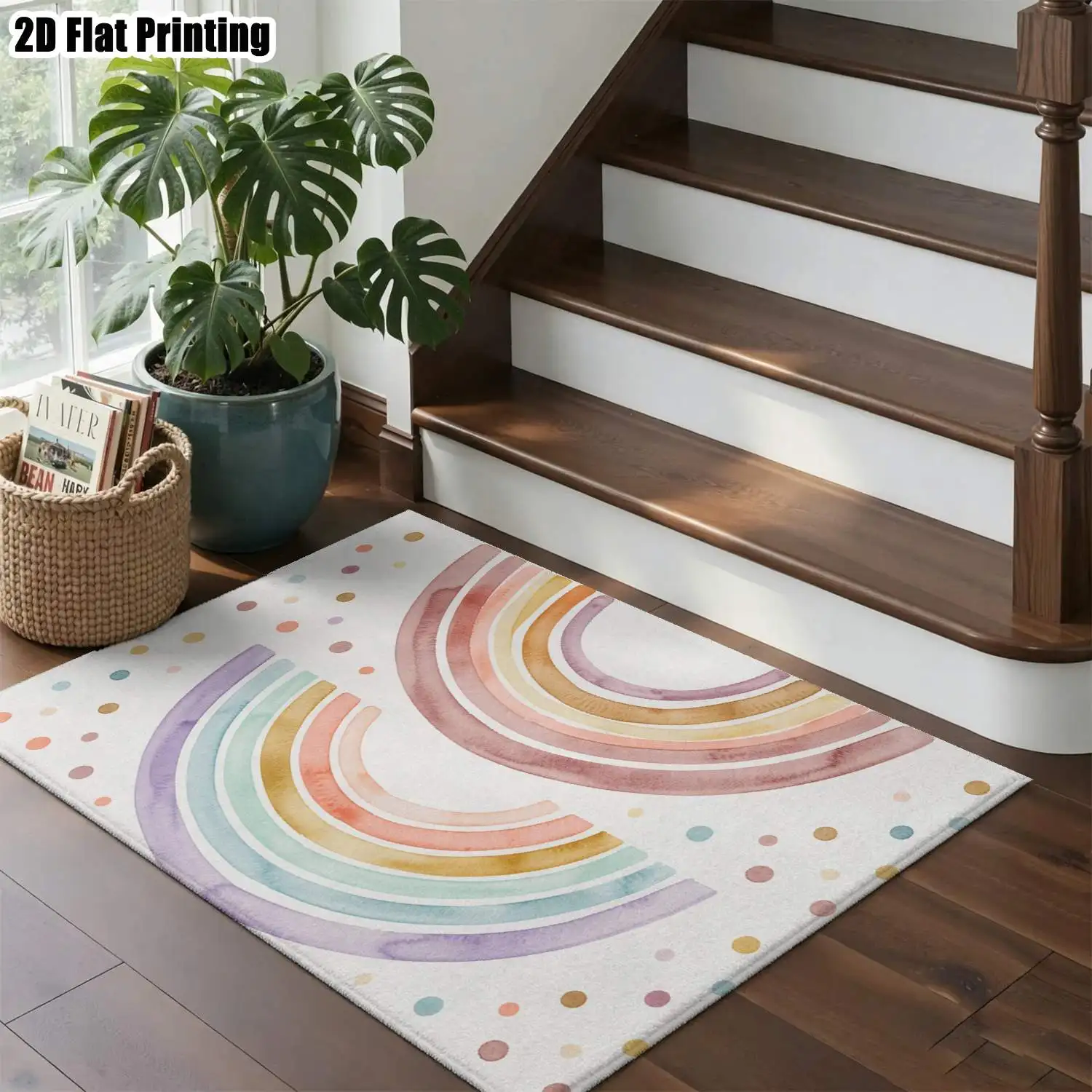 1Pc 2D Printed Morandi Color-Block Semi-Circular Arc Nordic Rug: Instagram-Worthy, Machine Washable, Multi-Size Home Decor Mat for Various Rooms
