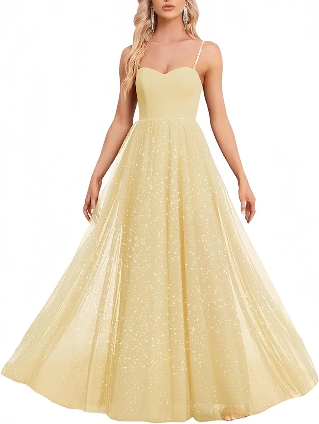 レディース キラキラドレス イブニングドレス グリッター スパゲッティストラップ チュール ハイウエスト Aライン ロング フォーマル イブニングドレス ドレス