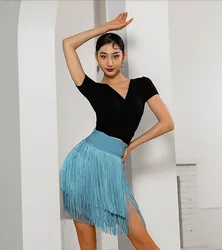 Adult Women Latin Dance Turquois Tassel Hip Scarf Skirt Ladies Fringed Blue Hip Triangular Skirt Dancewear Performance Clothing