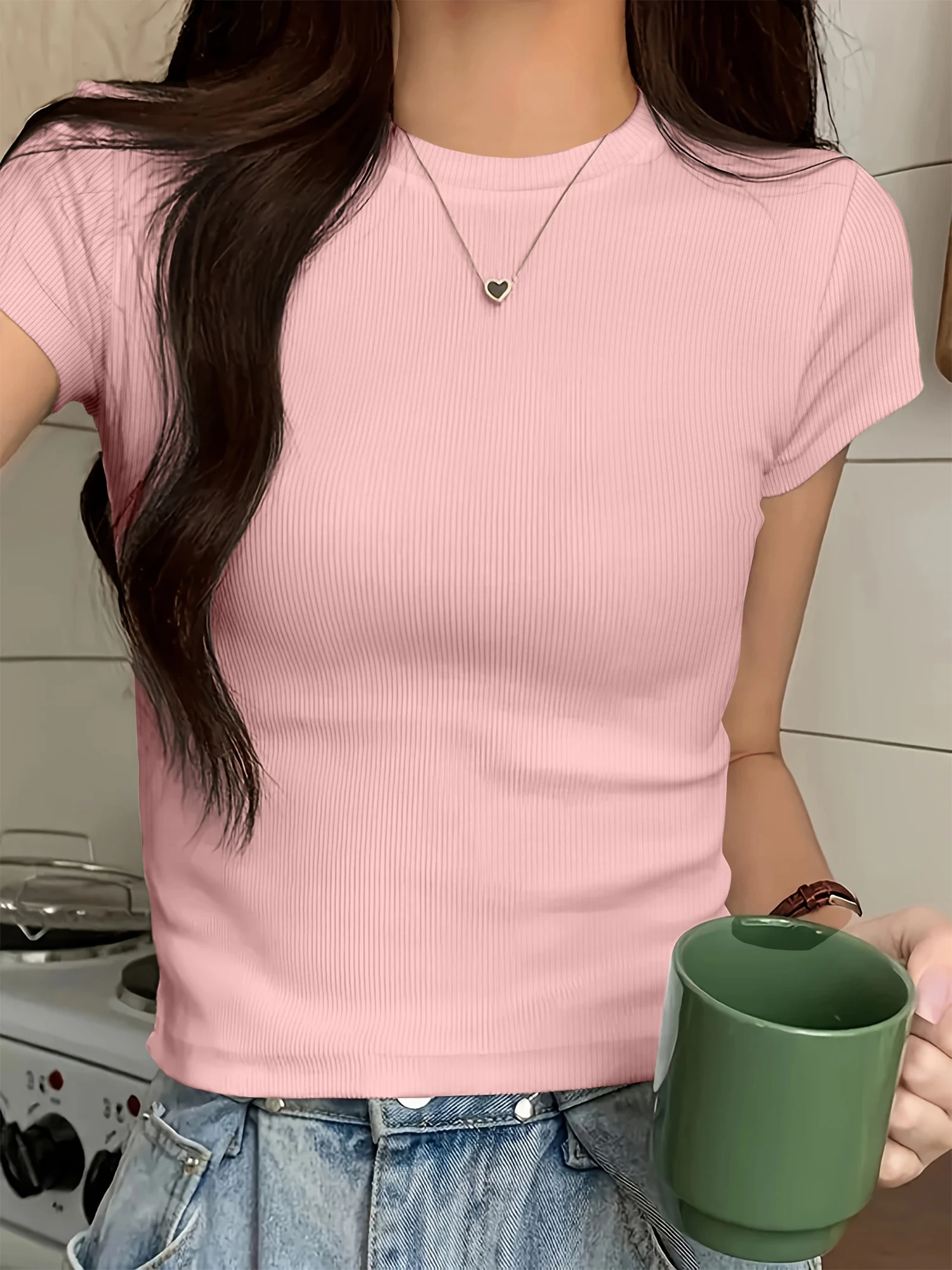 Performance Ribbed Crew Neck Cropped Blouse, Elastic Active Shirt for Workout Class & Sports Training Looks