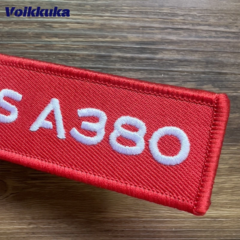 1PC 2PCS 3PCS Set Sale Both Sides Embroidery White Letters AIRBUS A380 Red Tag Motorcycle Aviation Keychain Bag Accesorios