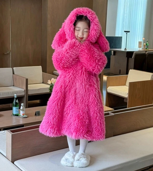 Girls Winter New Children Long Windbreaker Cotton and Thick Coat Imitating Rabbit Fur Jackets Fur Coat Trendy