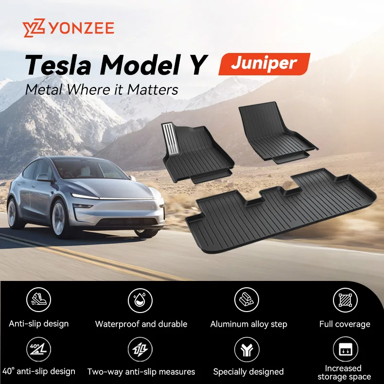 YZ Für Tesla Model Y Juniper 2025-2026 TPE Auto-Fußmatten mit Metallpedalen Kofferraummatte Set Vier Jahreszeiten Wasserdicht Rutschfest – Detail 1
