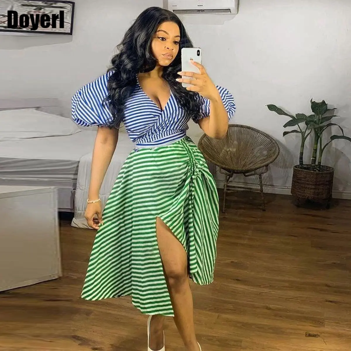 

Summer Dress Two Piece Set Women Outfit 2023 Striped Shirt Crop Top Midi Drawstring Skirt New In Matching Sets Party Clubwear