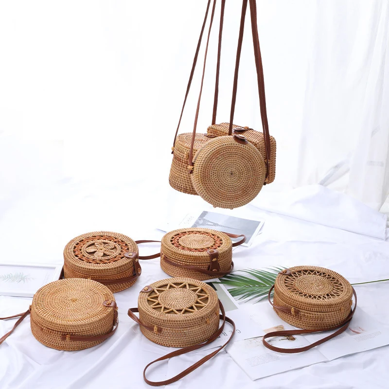 Rattan Woven Women\'s Shoulder Bag Round Straw Beach Bags Female Bohemian Handbag Luxury Designer Handmade Crossbody Bag Bali Box