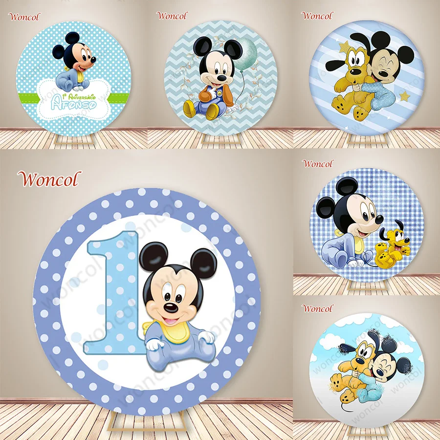 

Baby Mickey Mouse Round Backdrop Kid 1st 2nd 3rd Birthday Backdrop Custom Disney Mickey Round Cover Baby Shower Decor Photo Prop