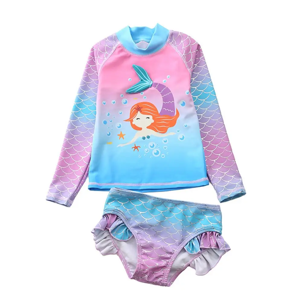 Baby Toddler Girls Sun Protection Swimwear Rashguard Two Pieces Swimsuit Set Long Sleeve Mermaids Bathing Suits Bikini Bottoms