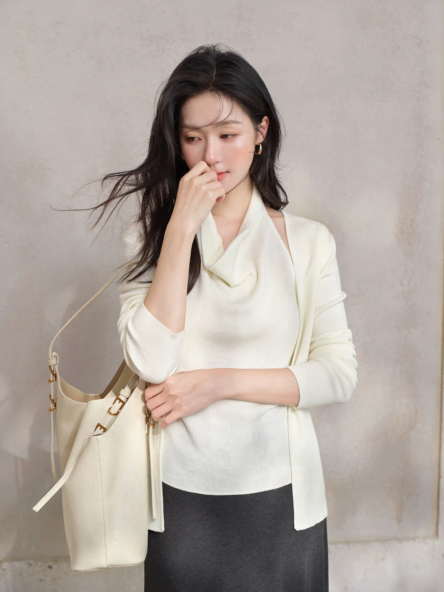 Women Spring Cowl Neck Halter Knit Top Long Sleeve Temperament Pullover Casual Versatile Blouse Daily Office Outfit for Lady