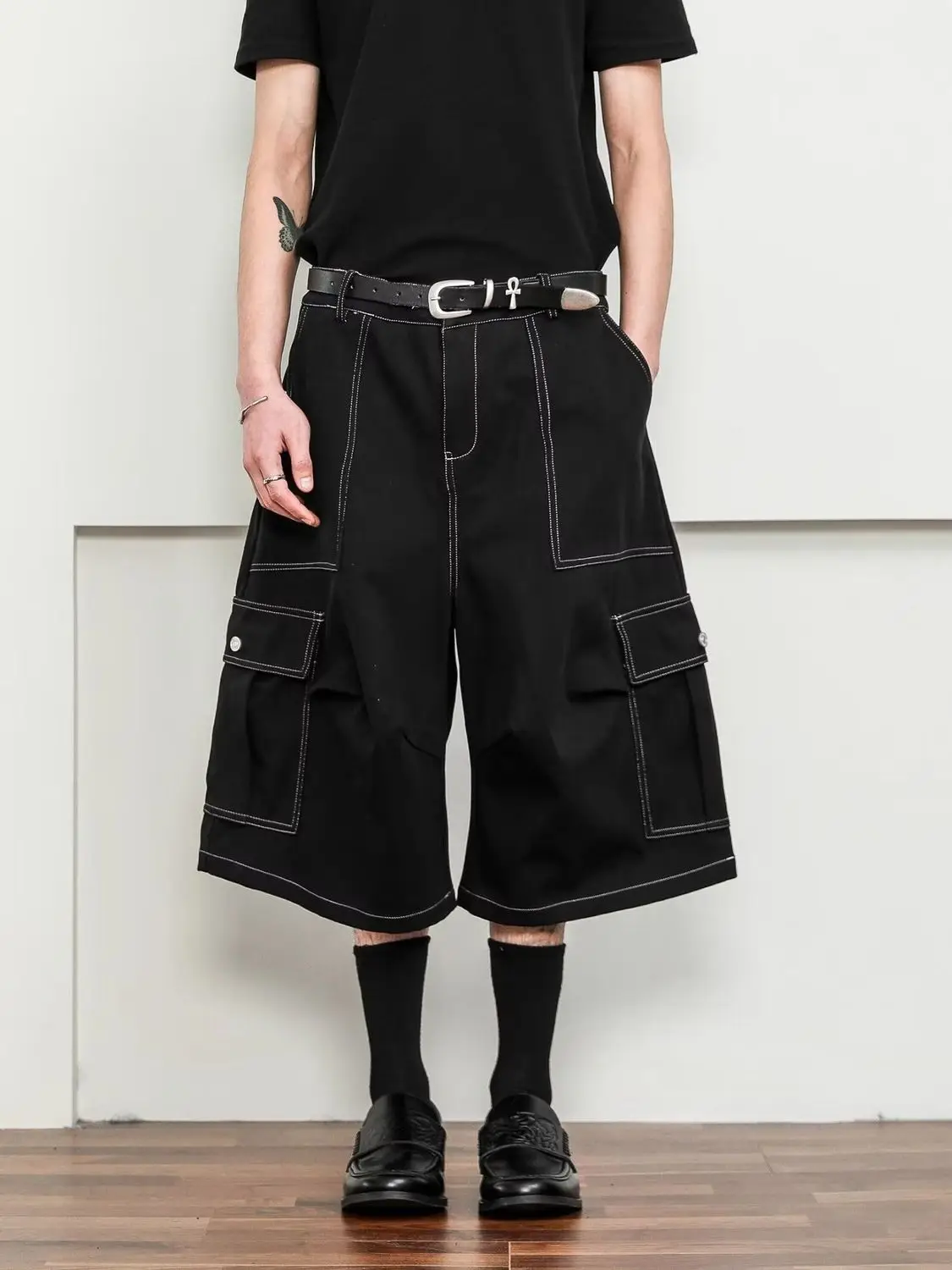 Men's Bright Line Decoration Retro Denim Shorts Cropped Pants Summer Wide Leg Casual Bottom Male High Waist Calf-length Trousers