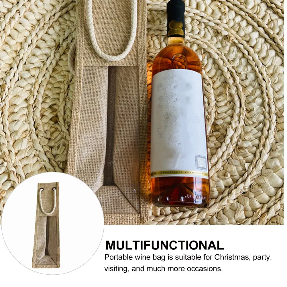 

1Pcs Linen Wine Bottle Bag Heavy Duty Portable Handle Clear Window Carry Double Bottle Wine Gift Bag for Party Christmas Wedding