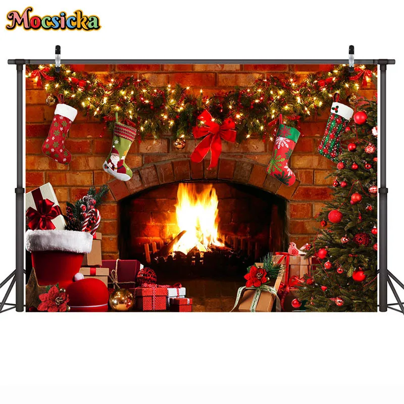 Latar belakang Natal, dekorasi pesta lantai kayu pohon Natal, perapian foto Prop potret latar belakang fotografi Natal