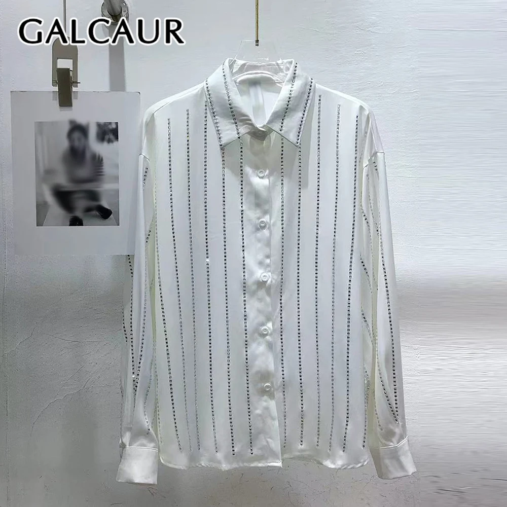 

GALCAUR Solid Spliced Diamonds Chic Shirt Female Lapel Long Sleeve Loose Literary Casual Women's Shirts Autumn Fashion Style New