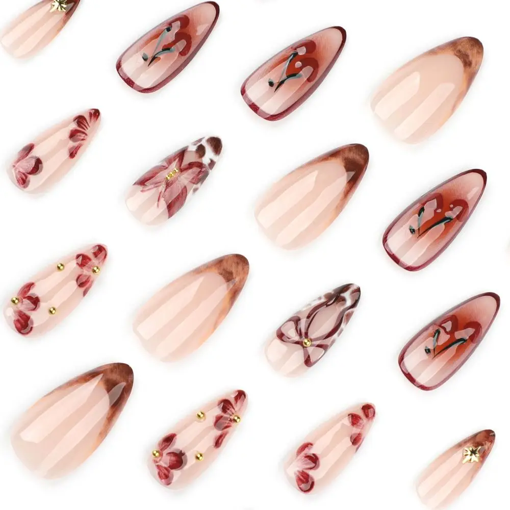 24pcs Manicure Long Almond False Nails Aurora Flower French Press on Nails Detachable White Edge Fake Nails Women