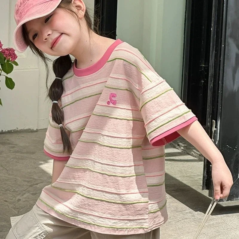 Kids Girls Summer Clothes 2025 Fashion Striped Colorblock Short Sleeve T-Shirt Cute Casual Thin Top for Little Girl Outfit