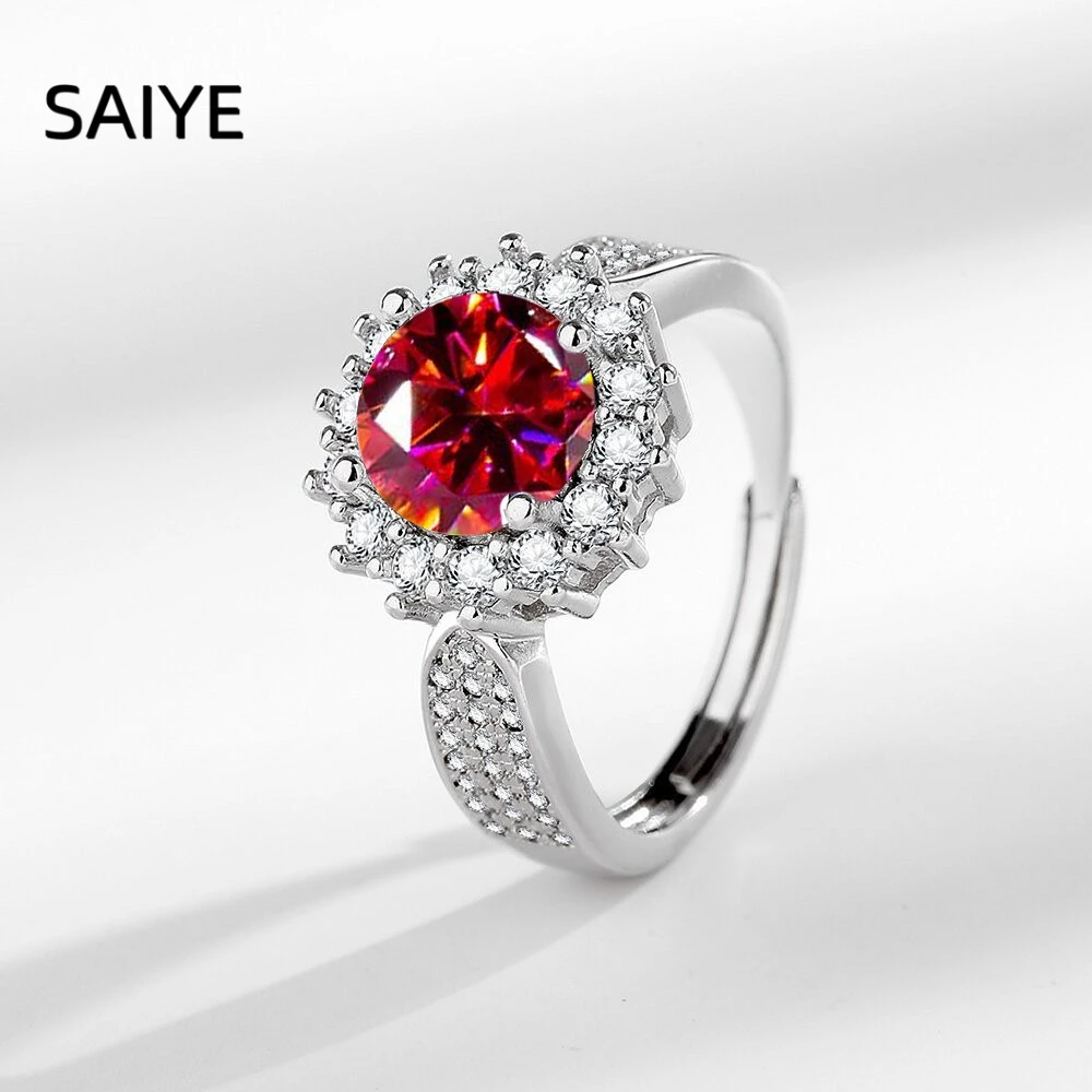925 Sterling Silver Women Ring Round Red CZ Halo Paved Band Adjustable Engagement Wedding Ring Luxury Bridal Jewelry Gift