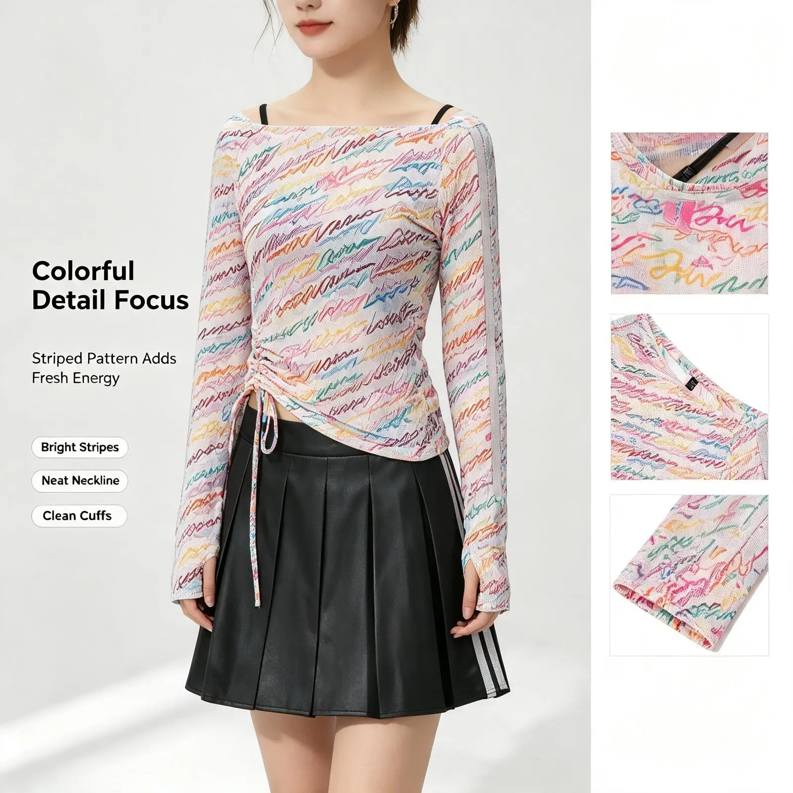 Adidas Colorful Striped Long Sleeve Top and Black Skirt Set, Casual Two-Piece Outfit, Elegant Knit-Look Matching Set