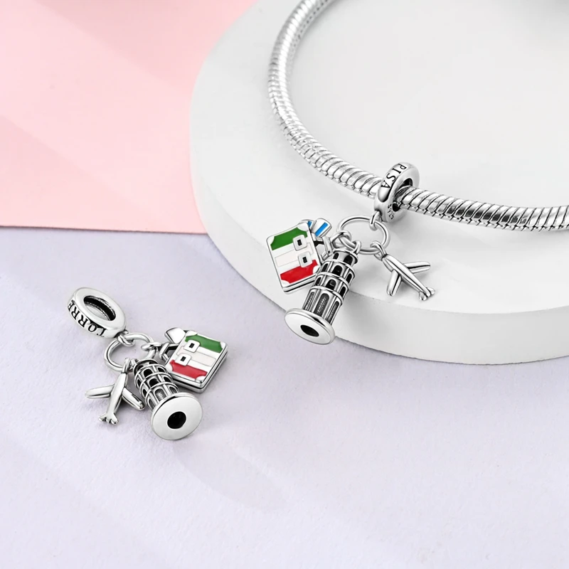 

925 Sterling Silver Charms Bead Leaning Tower of Pisa Dangle Fit Original Bracelet DIY Women Jewelry