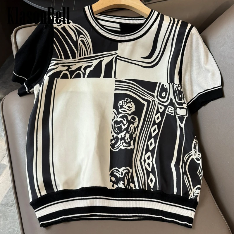 

5.7 KlasonBell Silk Contrast Color Print Spliced Jacquard Knitwear Top For Women Short Sleeve Comfortable T-Shirt