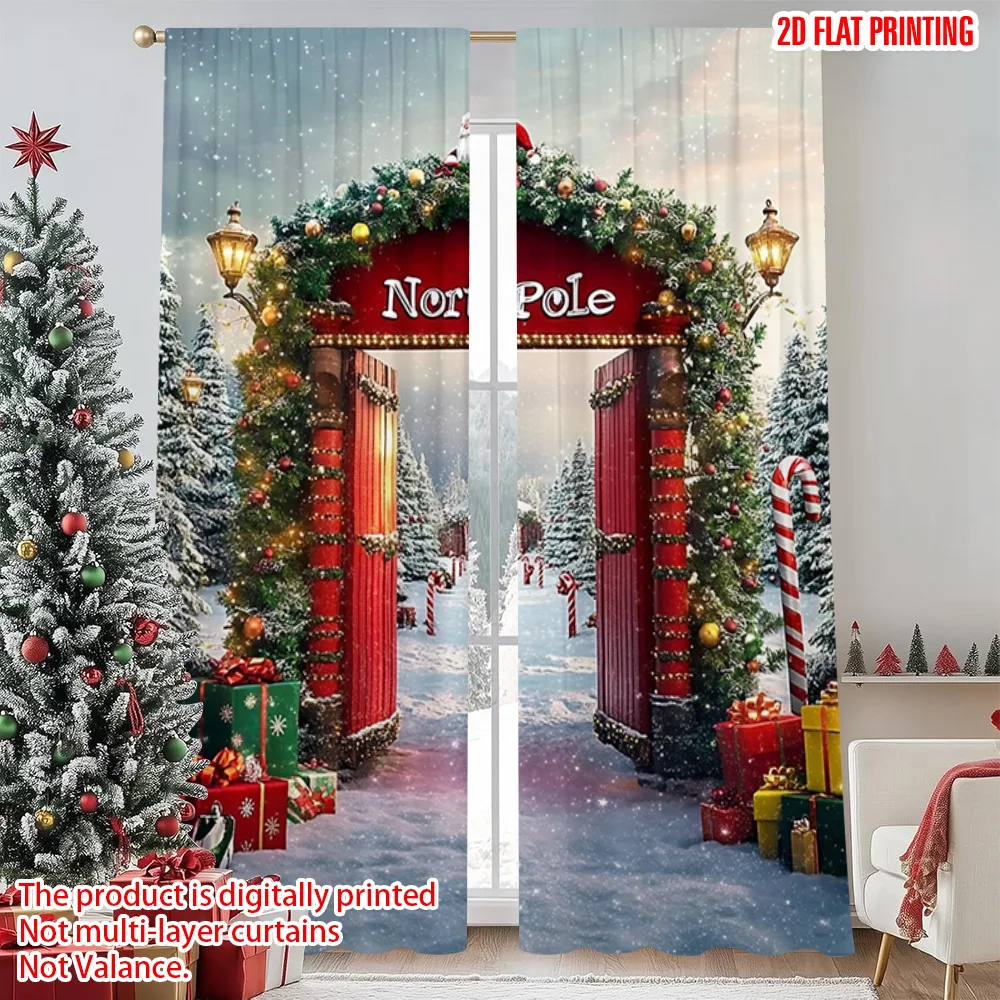 

2pcs 2D flat printing Christmas Curtains Merry Christmas North Pole Versatile Polyester Without Electricity Family Party for