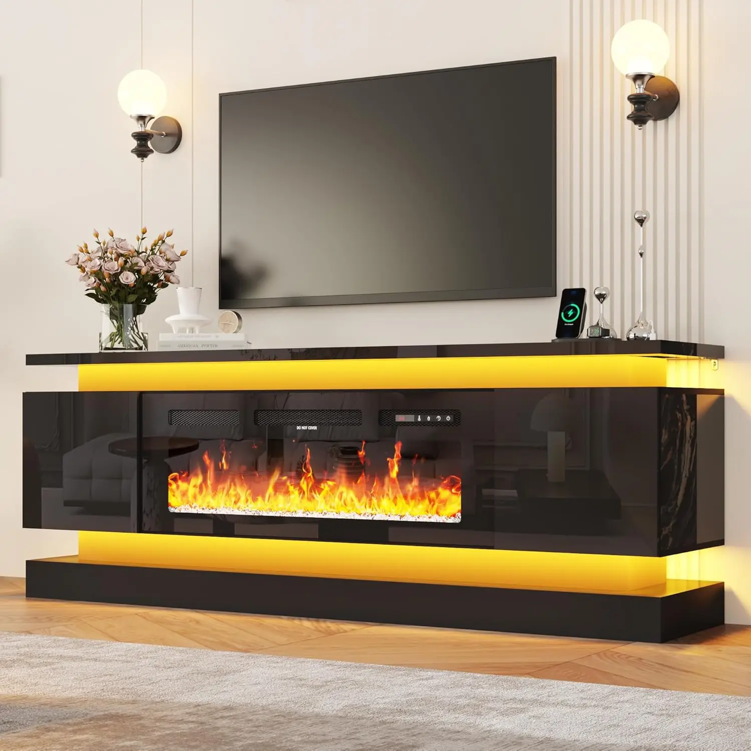 71IN LED TV Stands w/40 inch Fireplace Power Outlet for 85/80/75 Inch TVs,High Glossy Modern TV Media Console Gaming,